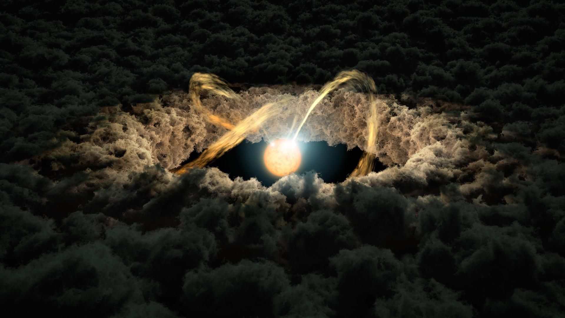 An illustration of a planet with a glowing ring of light around it surrounded by gas.