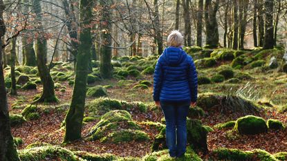 Walking for mental health woman in woodland facing away