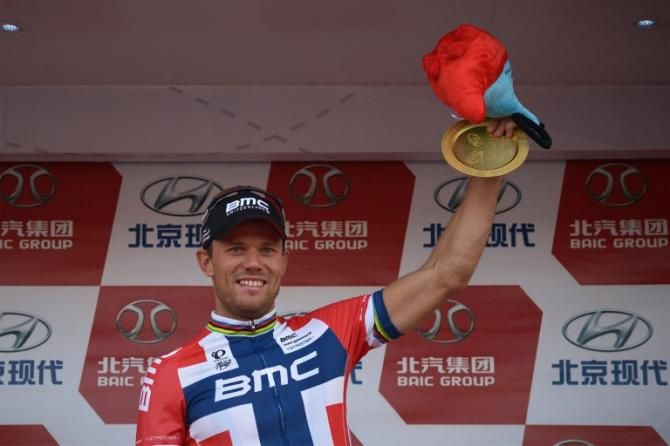 Thor Hushovd (BMC) salutes after winning the opening stage of Tour of Beijing