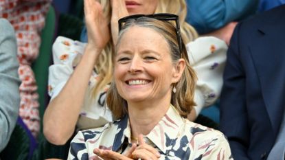 Jodie Foster court-side on day nine of the Wimbledon Tennis Championships at the All England Lawn Tennis and Croquet Club on July 08, 2025 in London