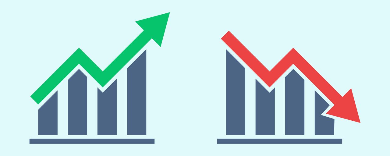 red and green financial arrows up and down. Vector graph with green and red arrows over bar chart