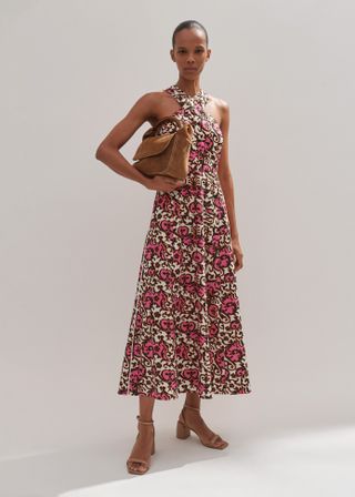 Linen-Blend Baroque Print Crossover Maxi Dress