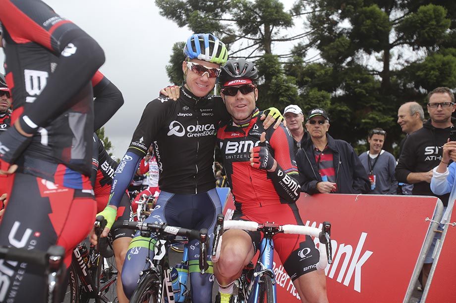 Mates Simon Clarke and Cadel Evans on the start line