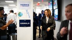 Vice President Kamala Harris greets workers at newly rebranded Harris campaign headquarters