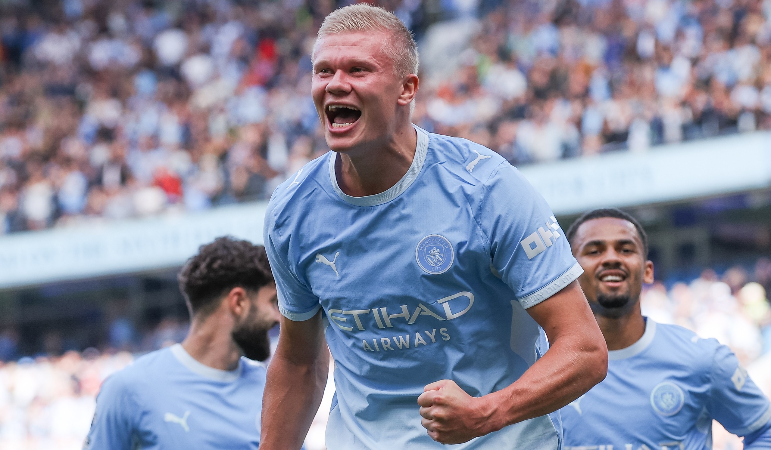 Erling Haaland of Manchester City celebrates after scoring his side's first goal of the Premier League 2026/27 game against Coventry City at Etihad Stadium on September 05, 2026 in Manchester, England