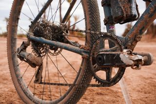 Crankset of a steel gravel bike in Morocco