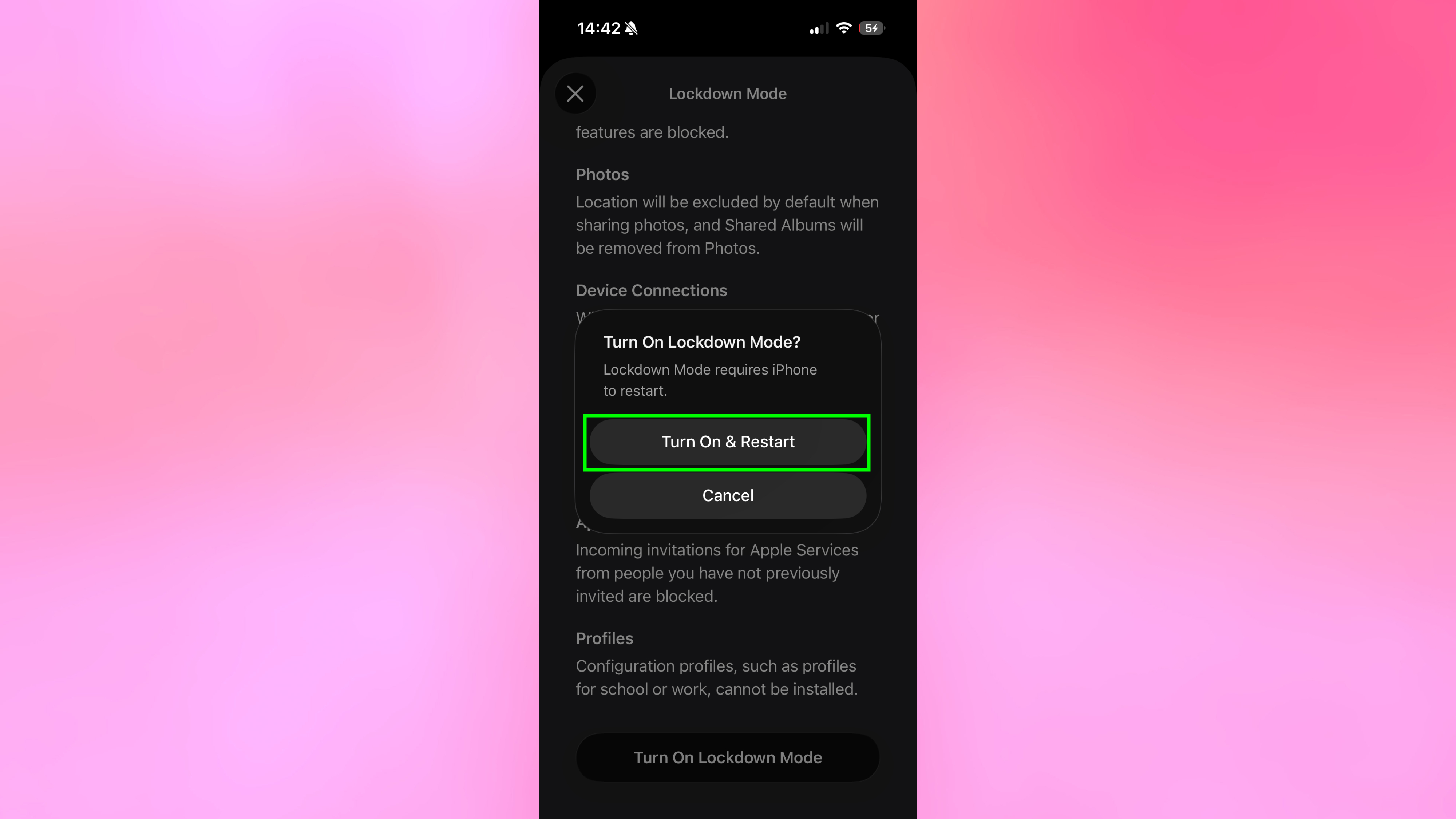 Turn on and restart for Lockdown Mode on iPhone