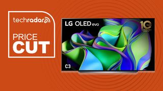 LG C3 OLED TV on orange background and TechRadar 'Price Cut' text