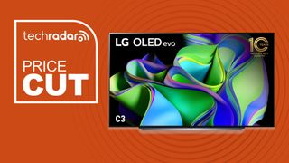 LG C3 OLED TV on orange background and TechRadar &#039;Price Cut&#039; text