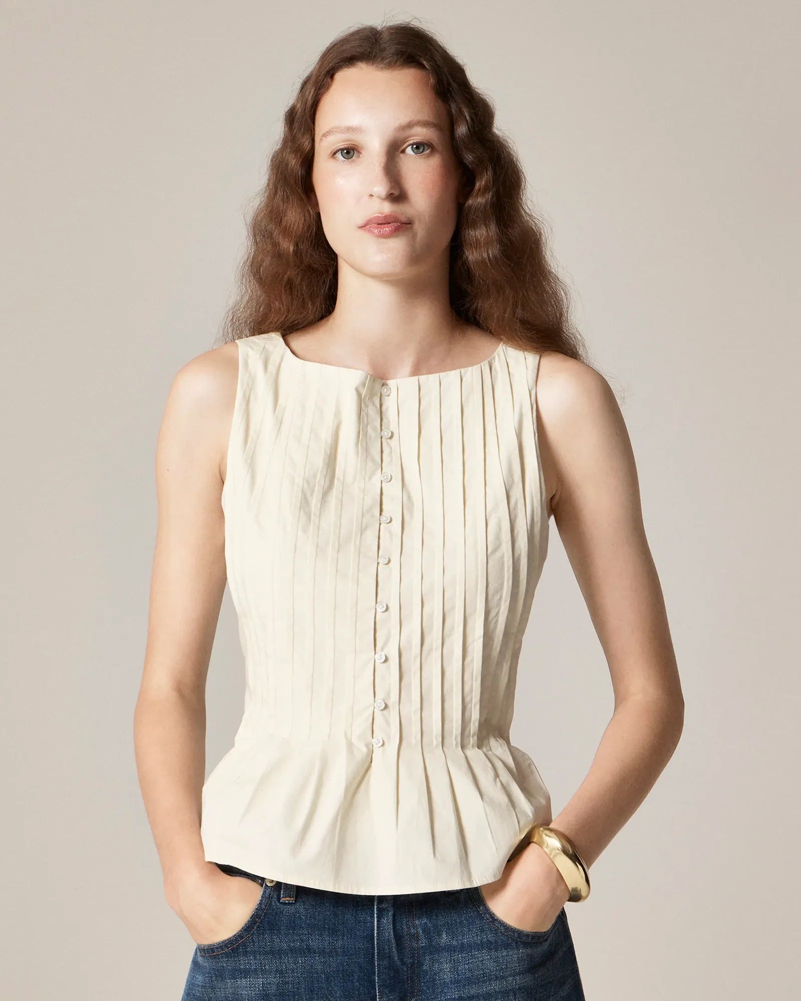J.Crew, Pintuck Top in Premium-Weight Cotton Poplin
