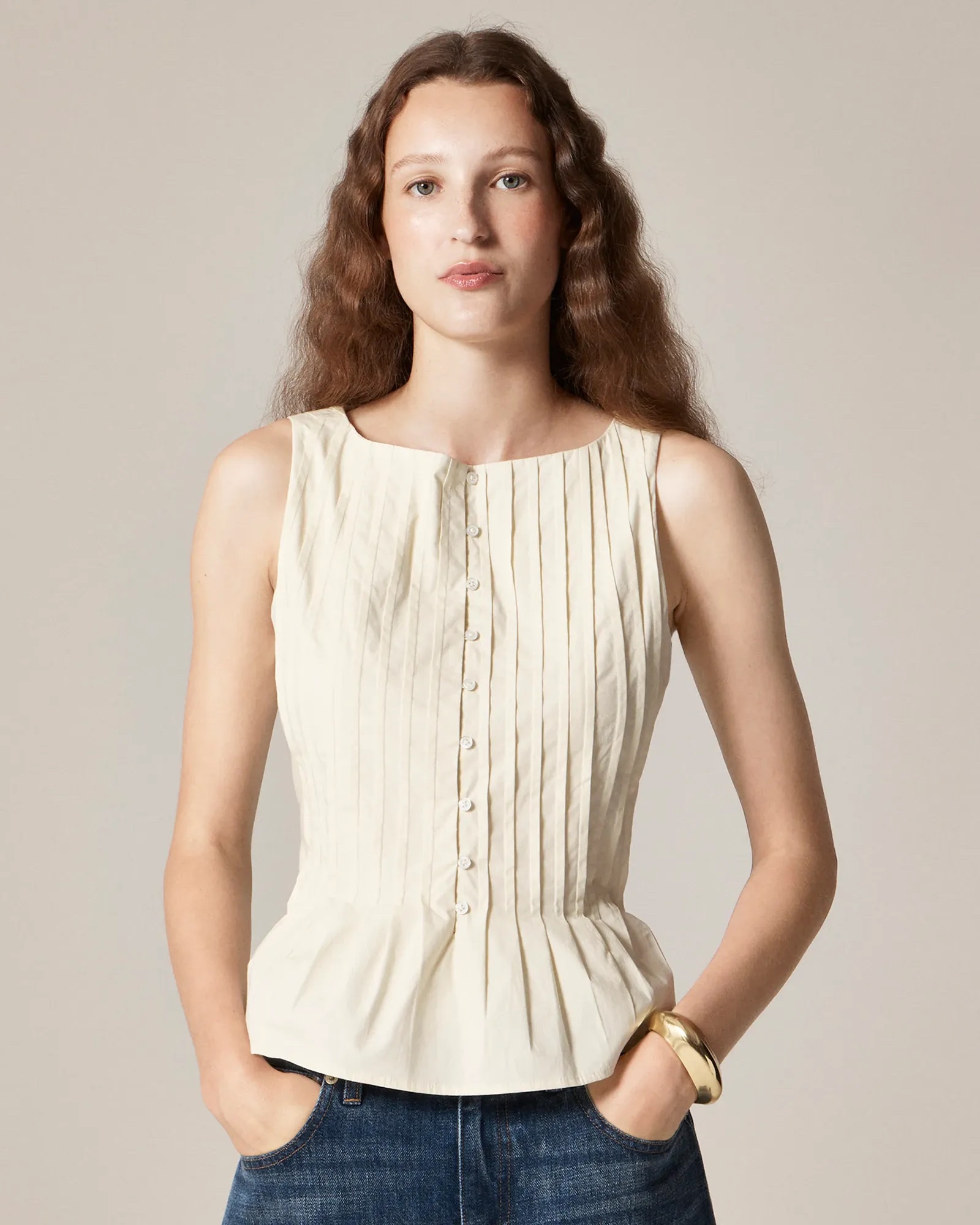 J.Crew, Pintuck Top in Premium-Weight Cotton Poplin