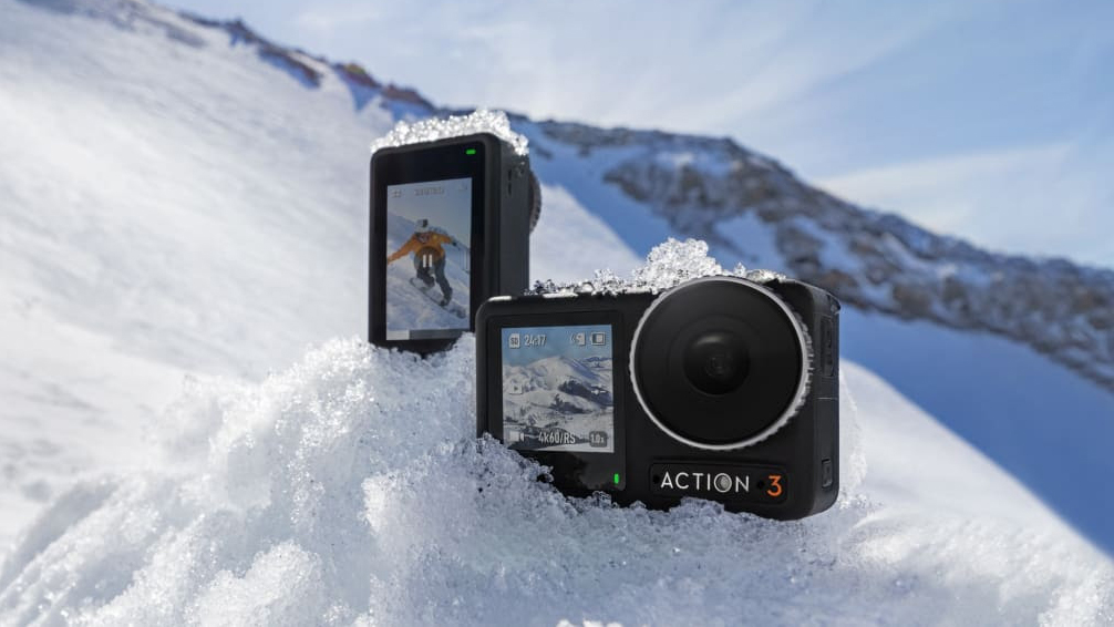 The DJI Osmo Action 3 camera in snow