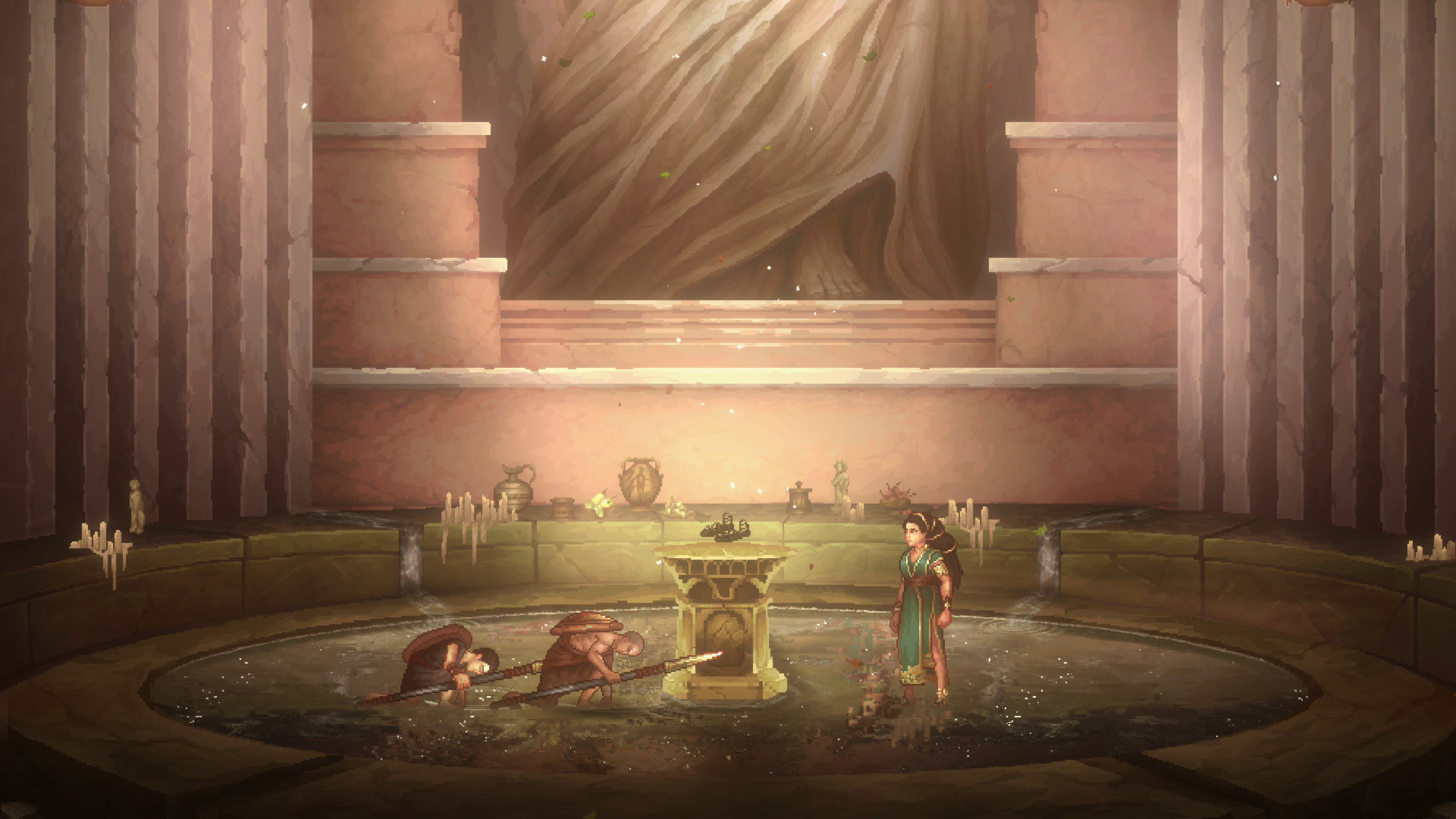 A screenshot from God of War Sons of Sparta showing young Kratos and Deimos kneeling before an NPC