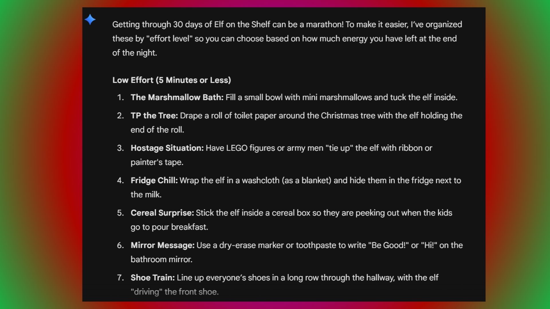 screenshot of Elf on the Shefl ideas