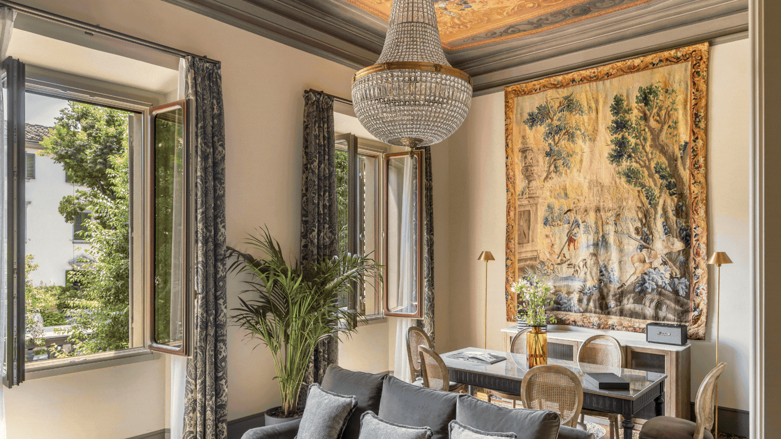 A rotating gif showcasing the sun-filled interiors and lush exterior of an ornate, palatial residence merging historical design details with modern and contemporary decor.