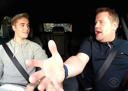 Justin Bieber and James Corden, driving to work