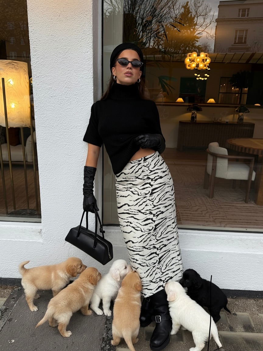 Fashion person hetty Appletonmiles wears the zebra print skirt trend. She wears a zebra print skirt with a pillbox hat, roll neck jumper and biker boots. This image was recently taken from her Instagram.