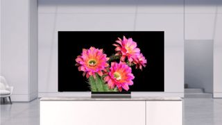 One of the best TVs under $1000 for 2023 displaying pink flowers in a white living room