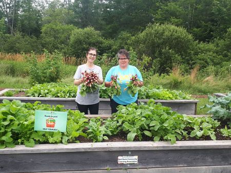 Two smiling women hold radishes among raised garden beds