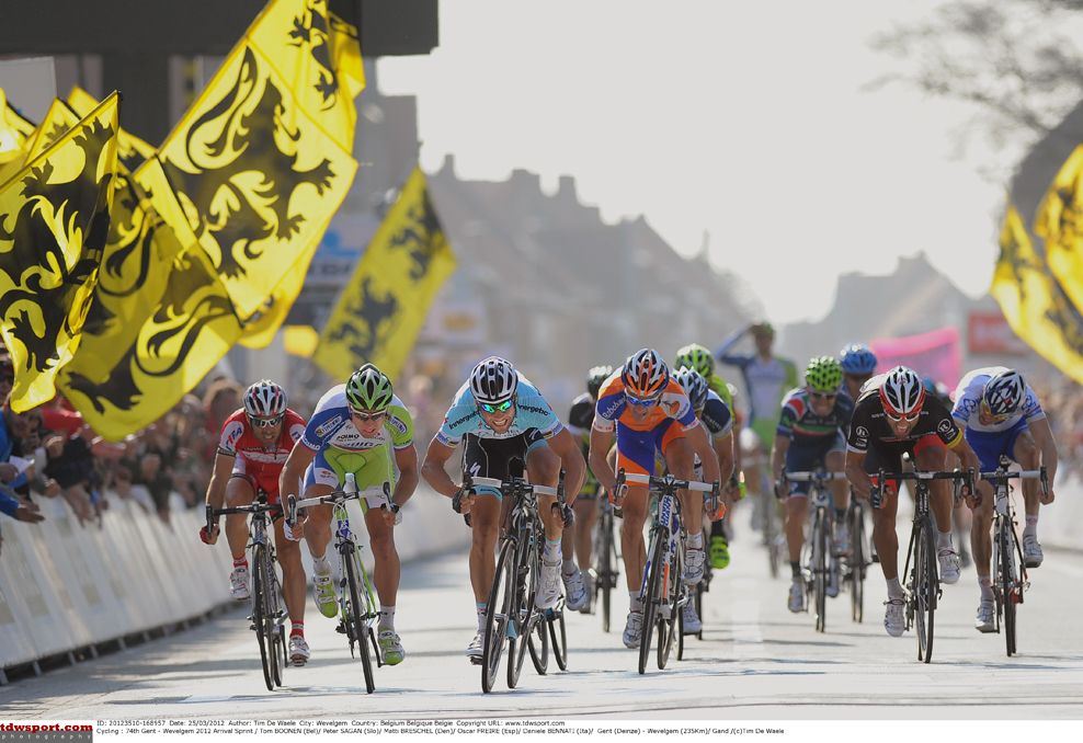 A young Peter Sagan and Tom Boonen go toe-to-toe during the 2012 Gent-Wevelgem