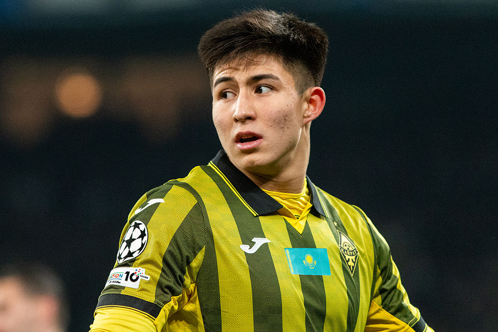 Dastan Satpayev of FC Kairat Almaty is seen in action during the UEFA Champions League 2025/26 League Phase MD5 match between F.C. Copenhagen and FC Kairat Almaty at Parken Stadium in Copenhagen, Denmark, on November 26, 2025.
