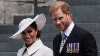 Prince Harry, Duke of Sussex and Meghan, Duchess of Sussex leave St Paul's Cathedral after attending Service of Thanksgiving for The Queen's during the Platinum Jubilee celebrations in London, United Kingdom on June 03, 2022.
