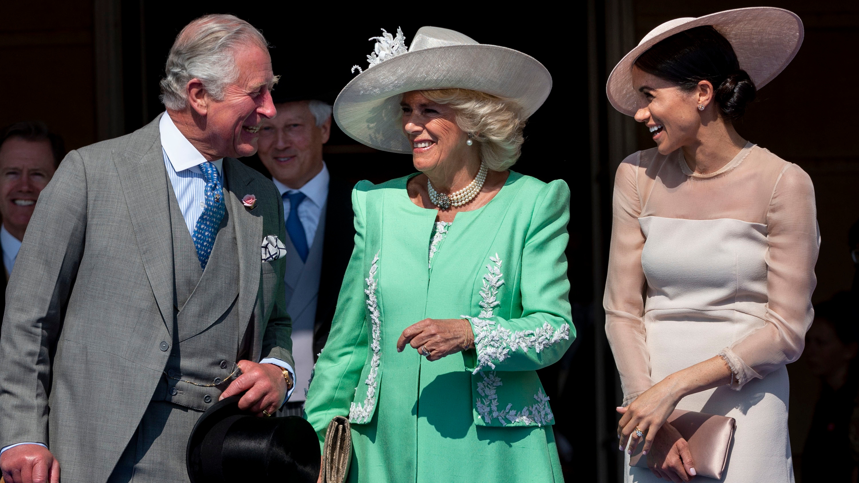 King Charles, Queen Camilla and Meghan, Duchess of Sussex during The Prince of Wales' 70th Birthday Patronage Celebration held at Buckingham Palace on May 22, 2018