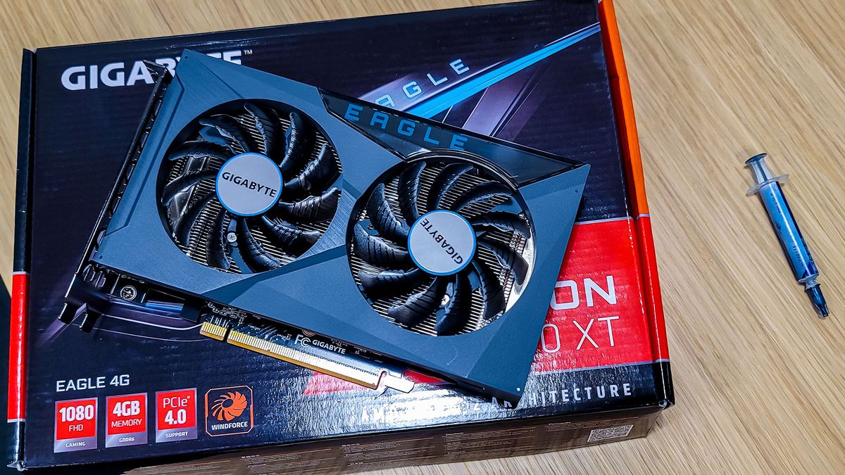 AMD Radeon RX 6500 XT card sitting on top of box