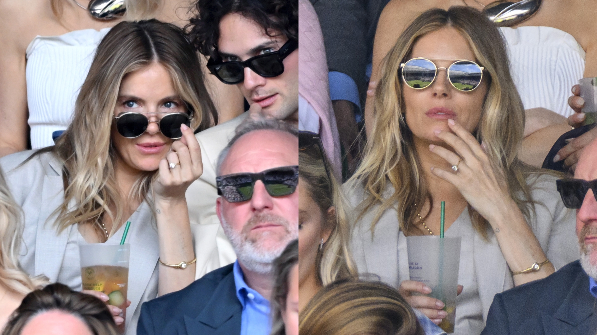 Two pictures of Sienna Miller during day six of the 2026 Wimbledon Tennis Championships, wearing a beige blazer and with a glossy, natural manicure at the All England Lawn Tennis and Croquet Club on July 04, 2026 in London, England.