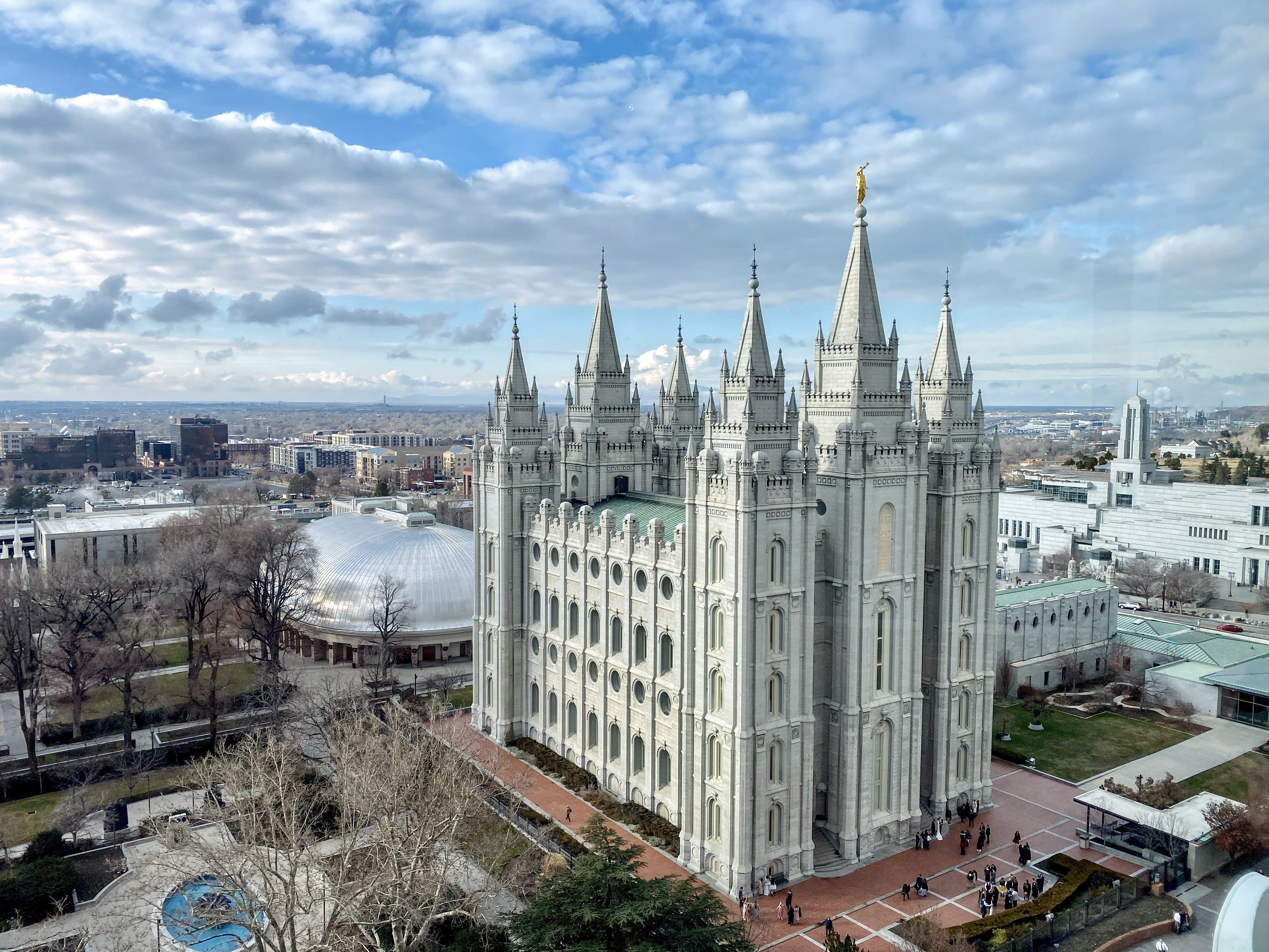 The Salt Lake City Temple in Temple Square on a cloudy day