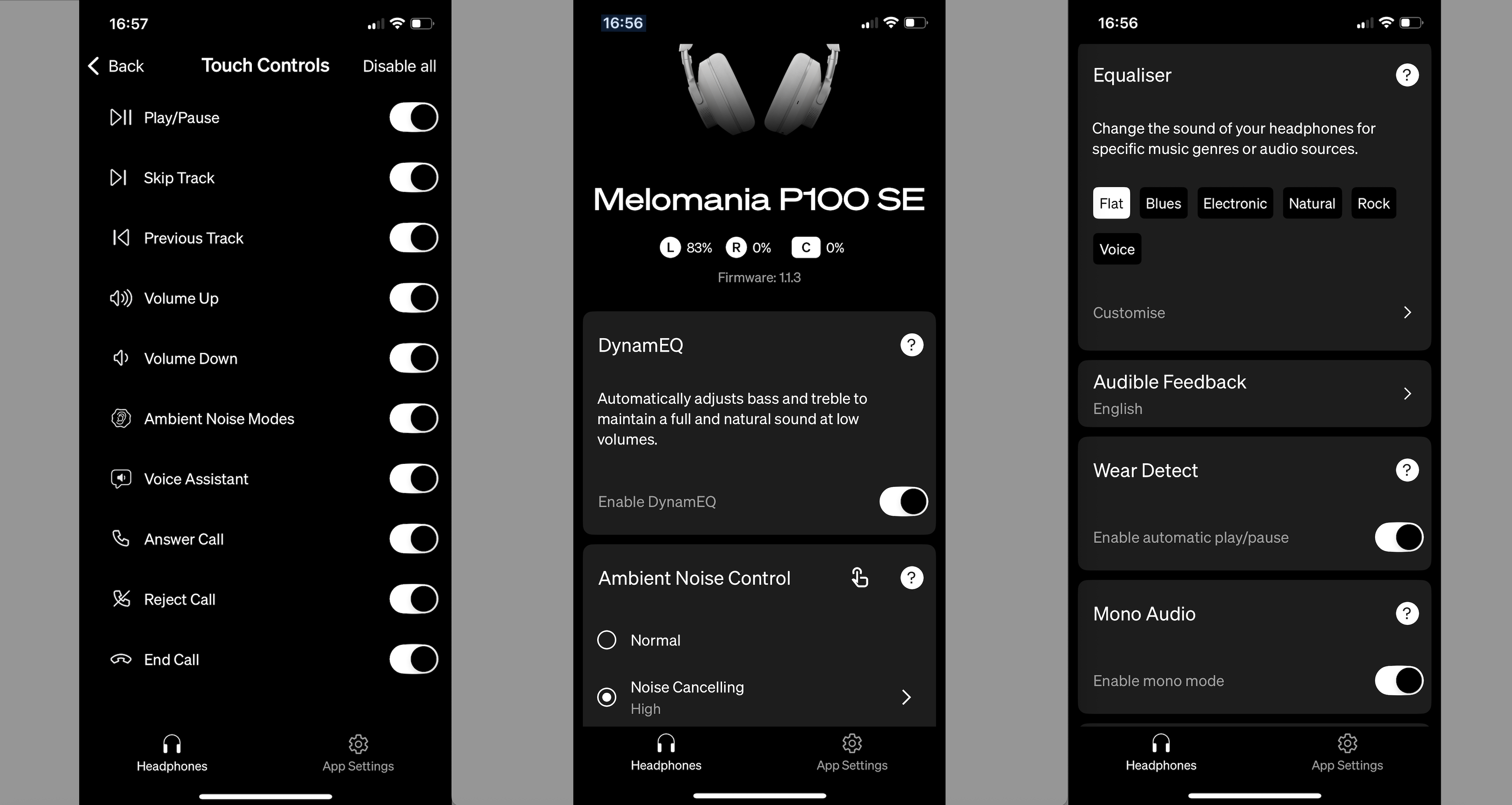 three screengrabs of the newly refreshed Cambridge Audio Melomania app, using the P100 SE headphones