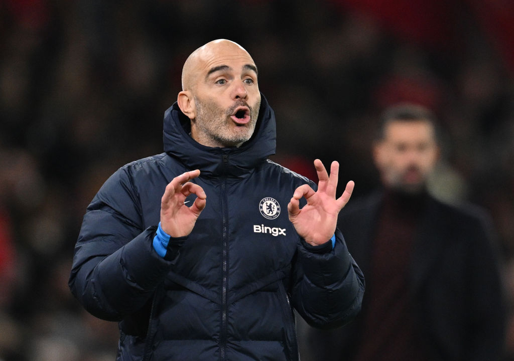 MANCHESTER, ENGLAND - NOVEMBER 03: Enzo Maresca, Manager of Chelsea, reacts during the Premier League match between Manchester United FC and Chelsea FC at Old Trafford on November 03, 2024 in Manchester, England. (Photo by Darren Walsh/Chelsea FC via Getty Images)