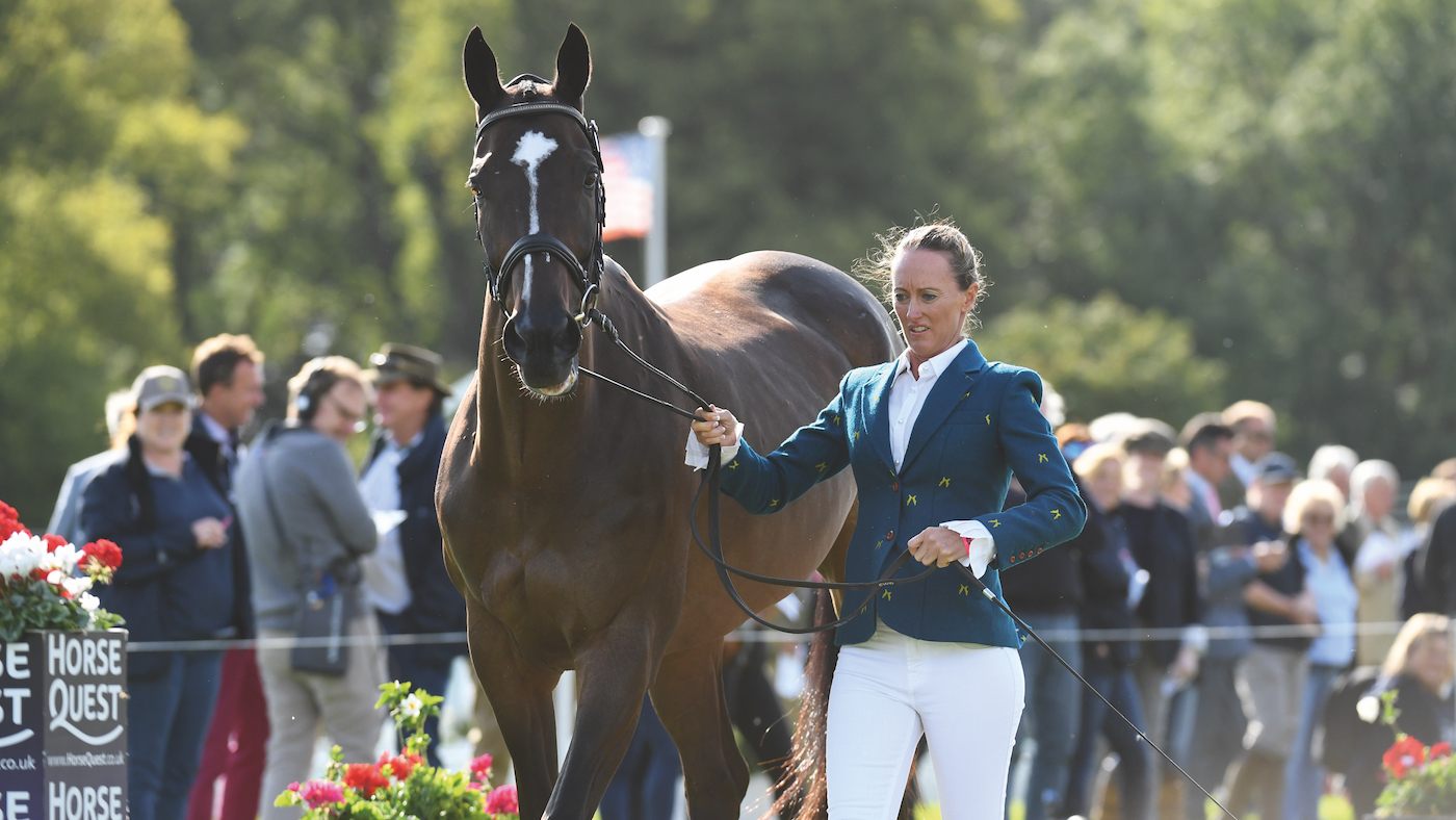 Andrea Baxter and Indy 500 at the first trot-up at Burghley 2019.