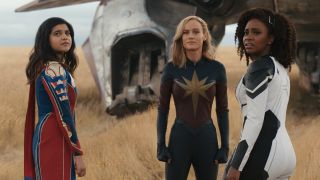 Iman Vellani as Ms. Marvel/Kamala Khan, Brie Larson as Captain Marvel/Carol Danvers, and Teyonah Parris as Captain Monica Rambeau inThe Marvels