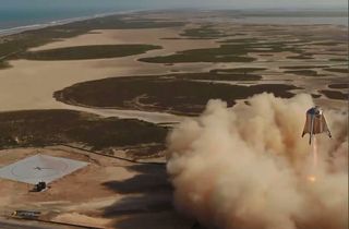 SpaceX launched its Starhopper rocket prototype on its highest flight ever on Aug. 27, 2019. The reusable hopping rocket flew from one pad to the other, with a targeted 500-foot (150 meters) ceiling at SpaceX's South Texas test site near Boca Chica Village.