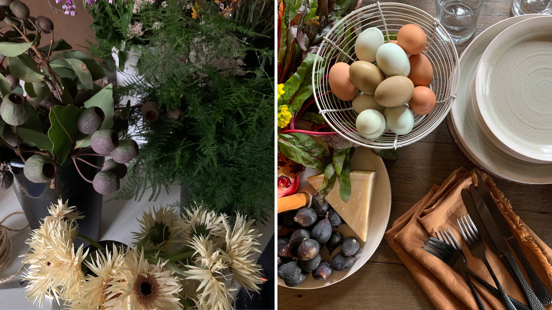 Flowers, figs, eggs and table setting