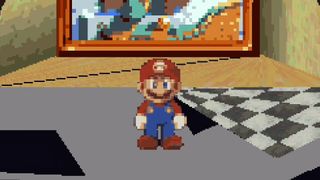 Close up of improved Mario spite in Super Mario 64 for 3DO with character standing in front of painting.