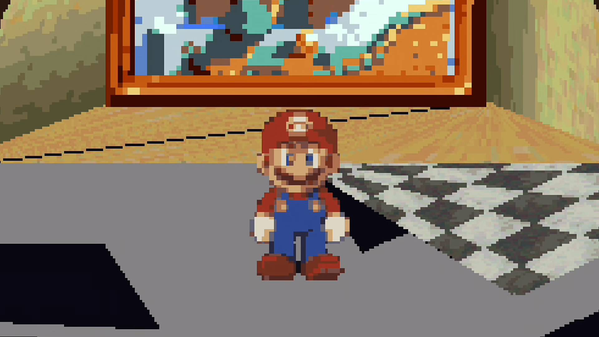Close up of improved Mario spite in Super Mario 64 for 3DO with character standing in front of painting.