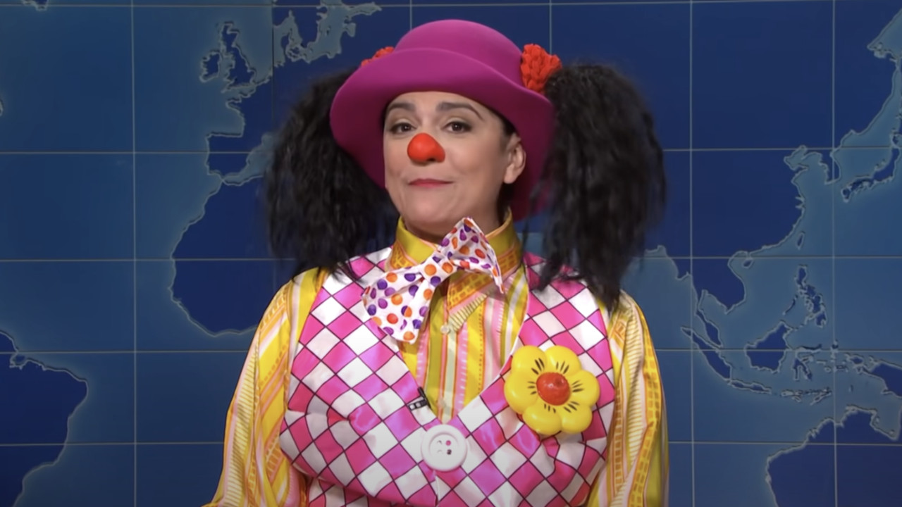 Goober the Clown (Cecily Strong) speaks on Saturday Night Live's Weekend Update