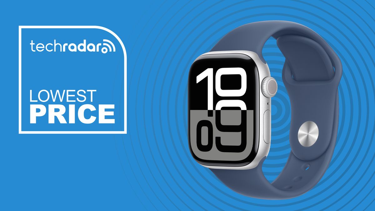 Apple watch series 10 on a blue background with text lowest price