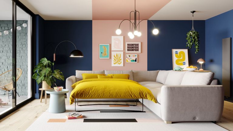 A colourful living room with one of the best sofa beds pulled out