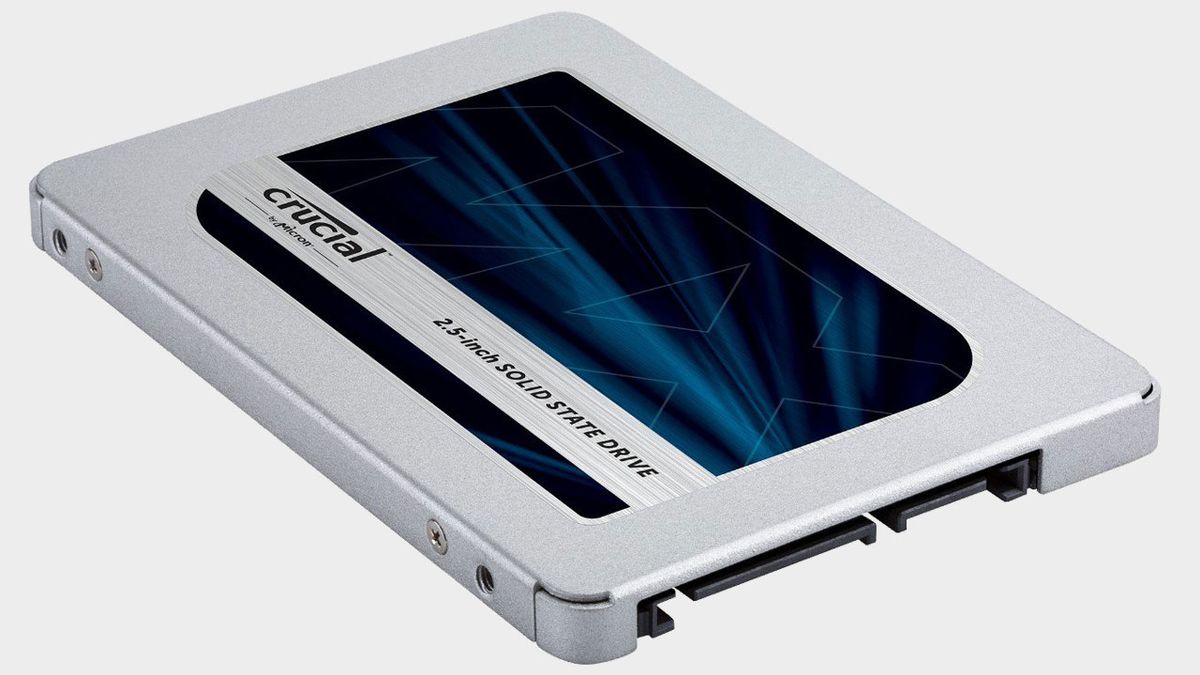 Crucial MX500 SATA SSD on a grey background