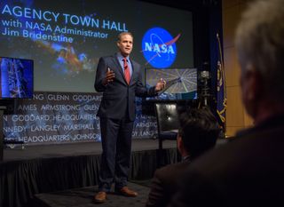 NASA Administrator Jim Bridenstine spoke at an agency town hall event on May 17, 2018, where he took employee questions and reassured them about his stance on climate change.
