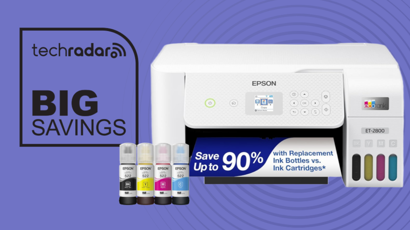 Epson EcoTank ET-2800 on a purple background next to a TechRadar badge reading &#039;Big Savings&#039;