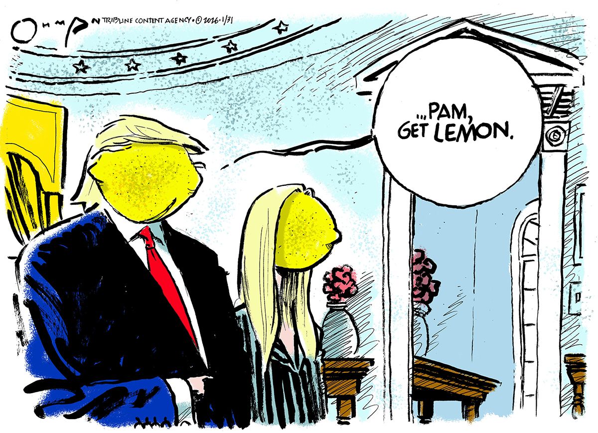
                                Caricatures of Donald Trump and Pat Bondi are drawn so that both their heads resemble lemons. Trump says, “...Pam, get Lemon.”
                            
