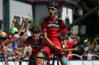 Woo! Taylor Phinney (BMC) roars with delight having won his first race since suffering a horrific leg injury last year