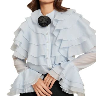 model wearing blue frill Sister Jane blouse 