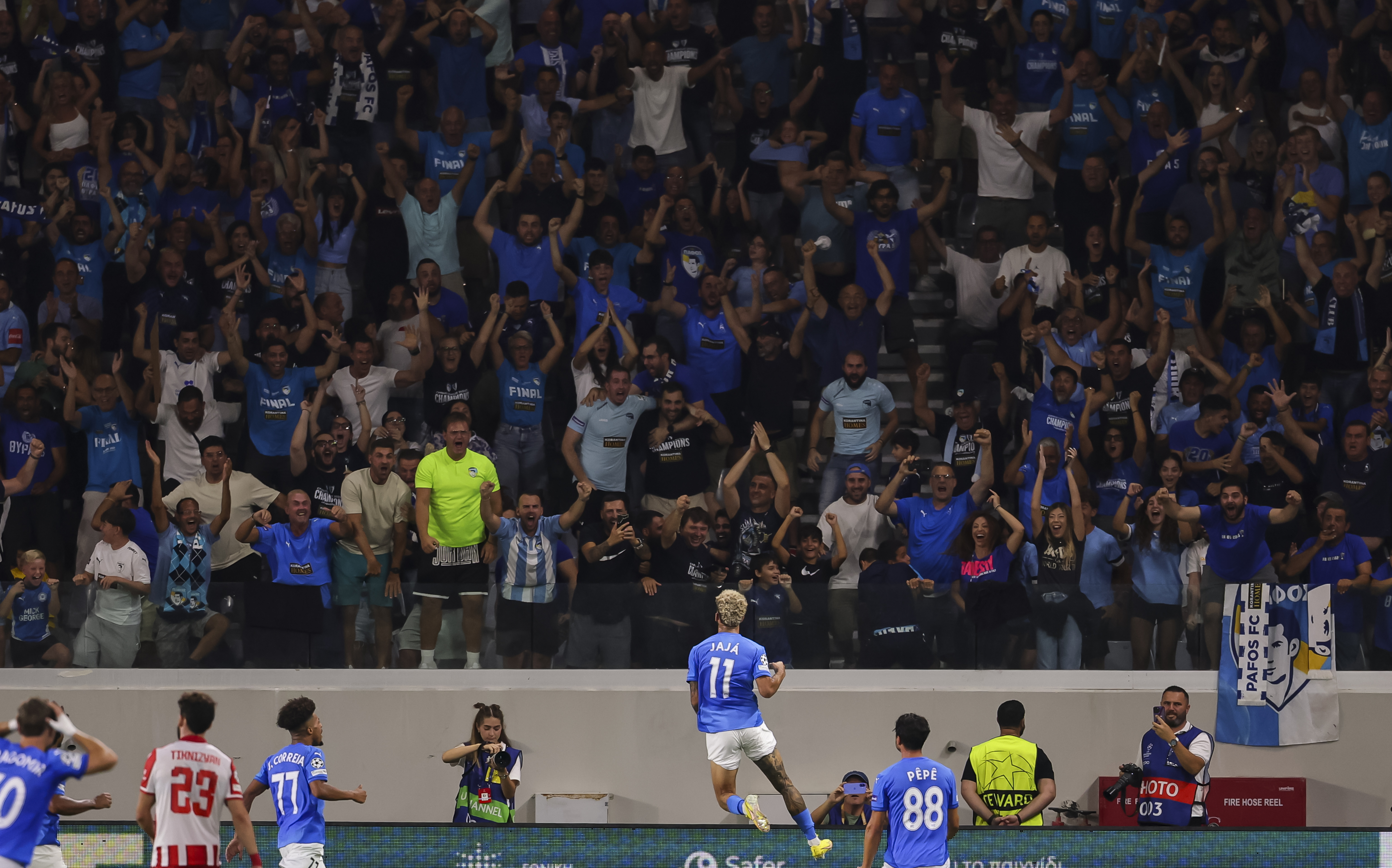Pafos attacker Jaj&amp;aacute; celebrates his goal against Red Star Belgrade with the club&#039;s fans