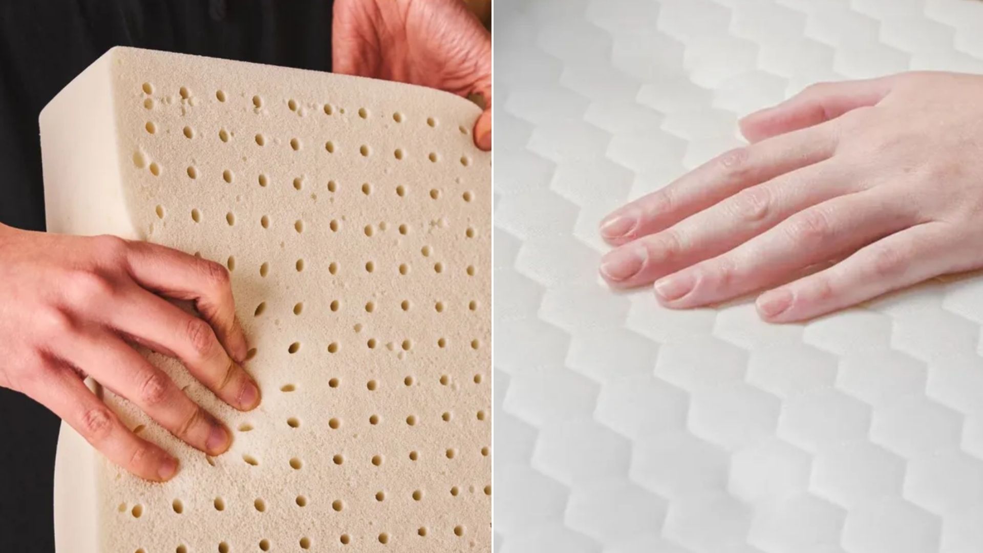 Hands holding perforated latex foam (left). A hand resting on white stitched GlacioTex mattress cover (right).