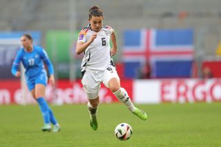 Lena Oberdorf of Germany plays the ball during the match after the match the UEFA Women's European Qualifier match between Germany and Iceland on April 9, 2024 in Aachen, Germany